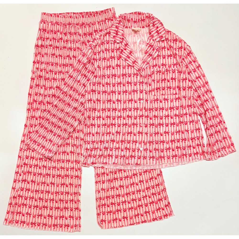 Peach Love California Pink Heart Bow Pleated Pajama Set Women Small Loungewear